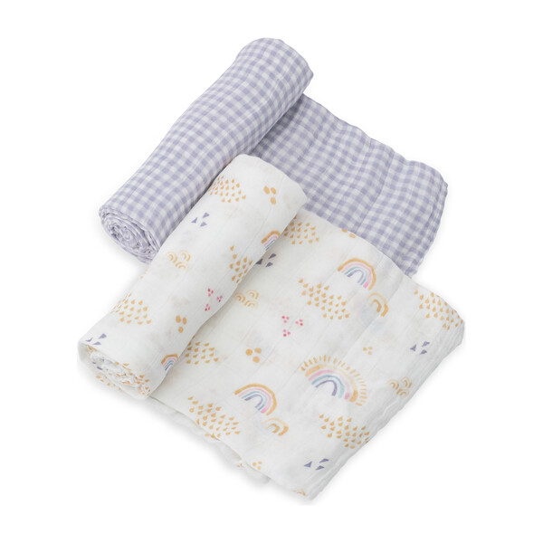 Deluxe Muslin Swaddle Blanket 2 Pack, Rainbow Gingham Set Little Unicorn Swaddles & Sleep Bags
