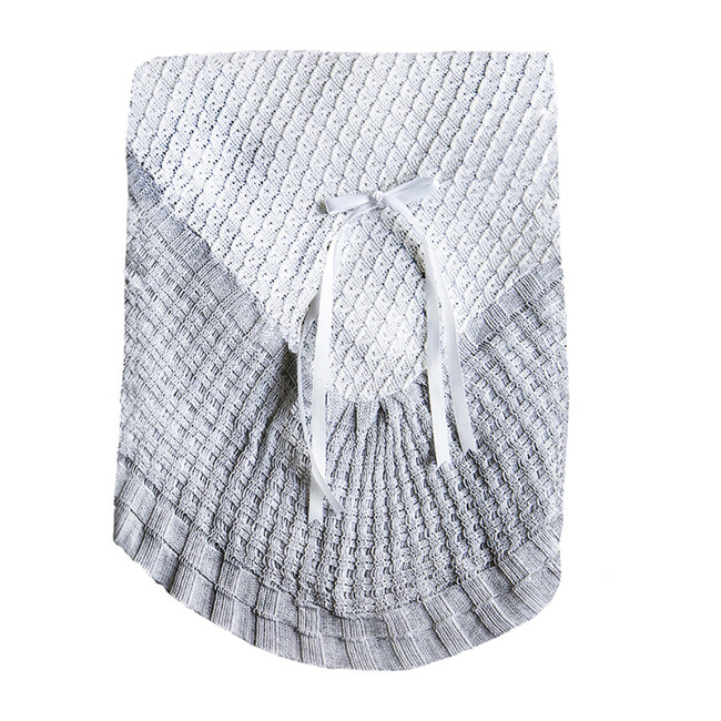 Knitted Blanket, Grey and White with Bow