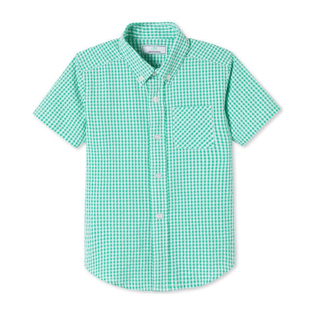 Owen Short Sleeve Button Down, Green Seersucker