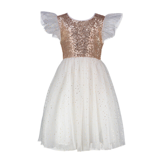 *Exclusive* Girls Shimmer Sequin & Star Tulle Party Dress, Gold & Ivory