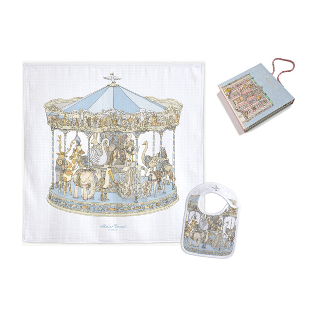 Swaddle & Bib Gift Set, Carousel Blue