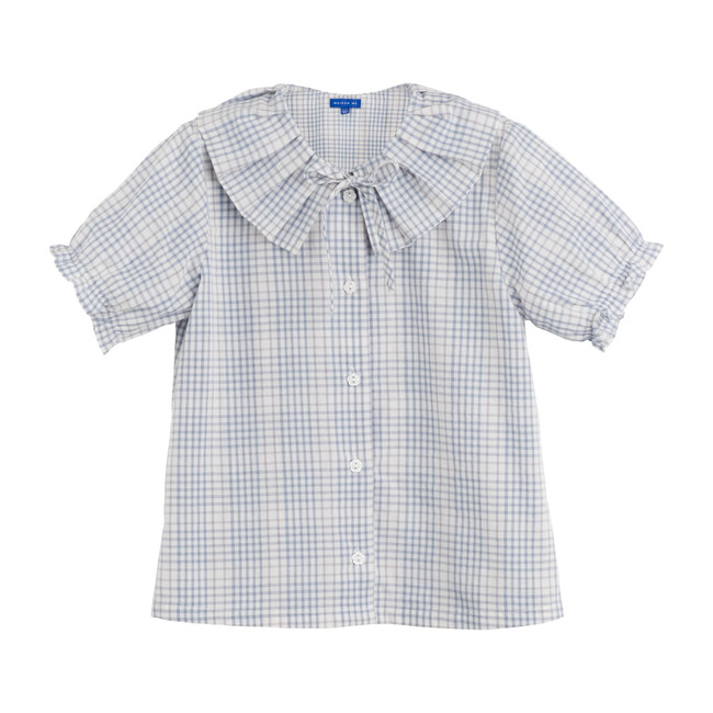 Lily Ruffle Collar Blouse, Light Blue Check - Blouses - 1