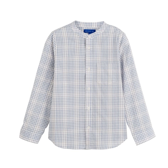 Finn Collarless Button-Down, Light Blue Check - Shirts - 1