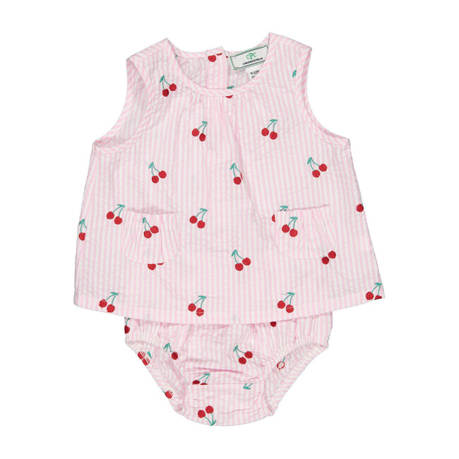 Sophie 2pc Embroidered Cherries Sunsuit, Pink - Blouses - 1