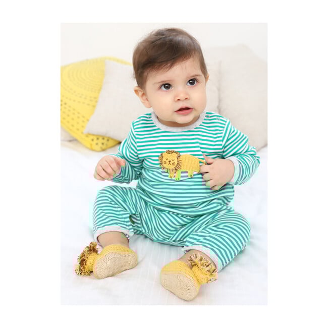Crochet Lion Green Stripe Babygro