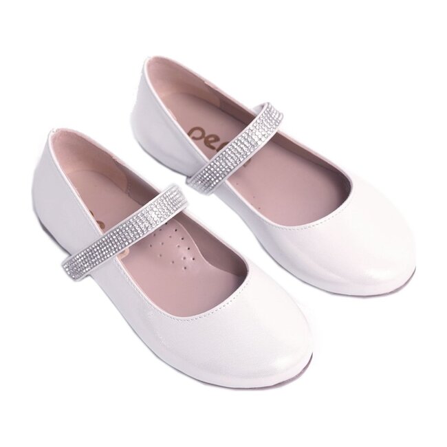 Satin Rhinestone Strap Flats, White