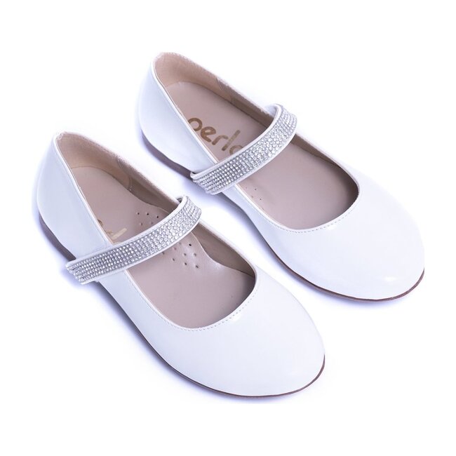 Patent Rhinestone Strap Flats, White