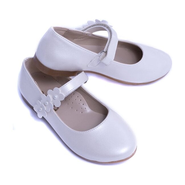 Glossy Flower Flats, Pearl White
