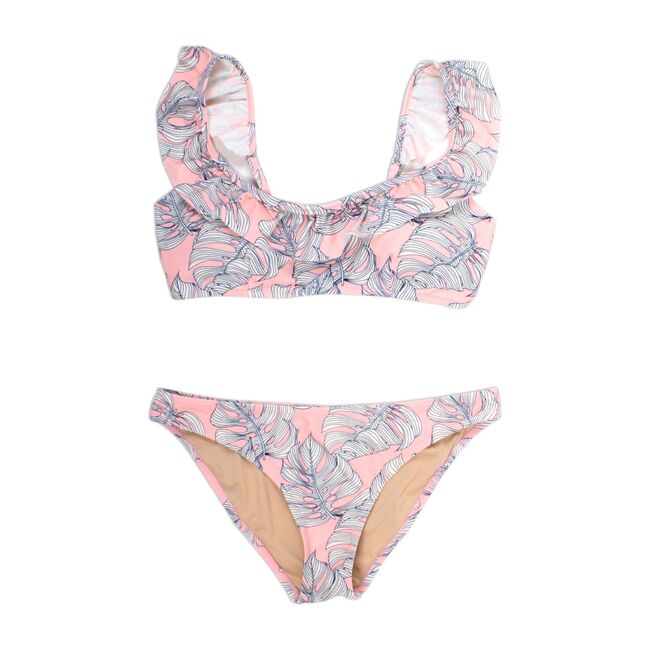 Women's Ruffle Bikini, Pink Monstera