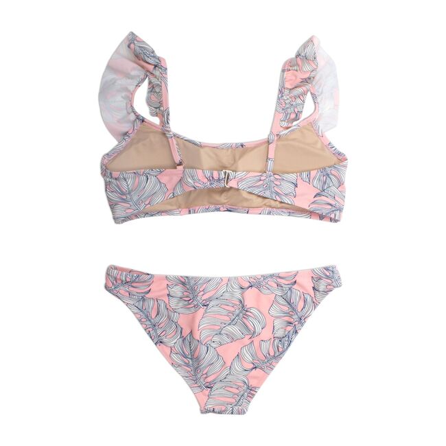 Women's Ruffle Bikini, Pink Monstera