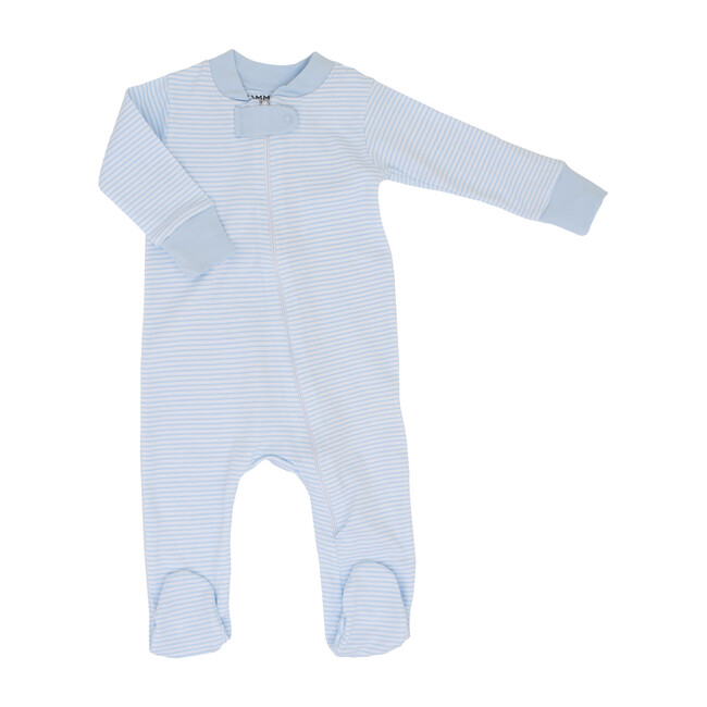 Classic Stripe Zipper Romper, Light Blue