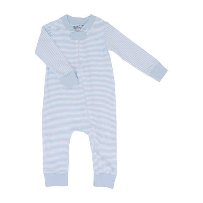 Classic Stripe Zipper Romper, Light Blue