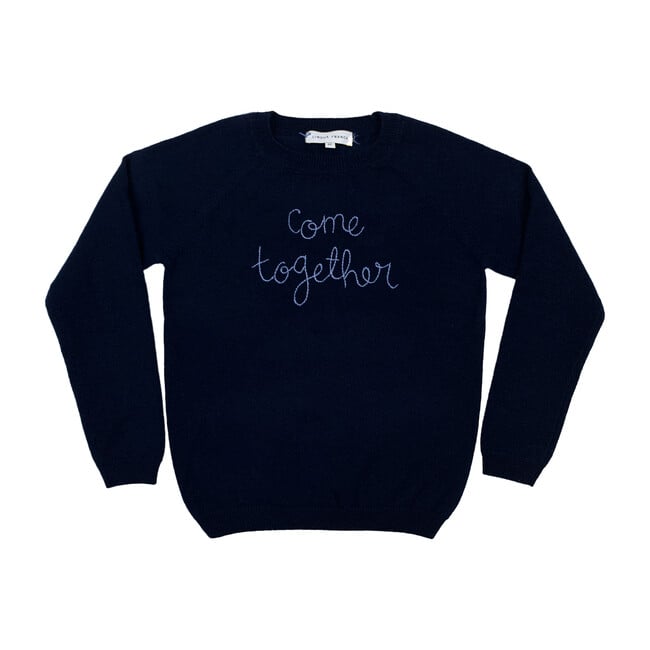 Navy Crewneck, Cornflower Embroidered "come together"