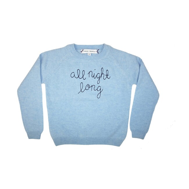 Sky Crewneck, Navy Embroidered "all night long"