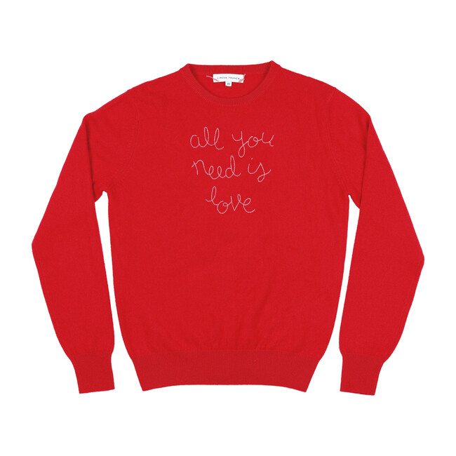Womens Red Crewneck, Orchid Embroidered "all you need is love"