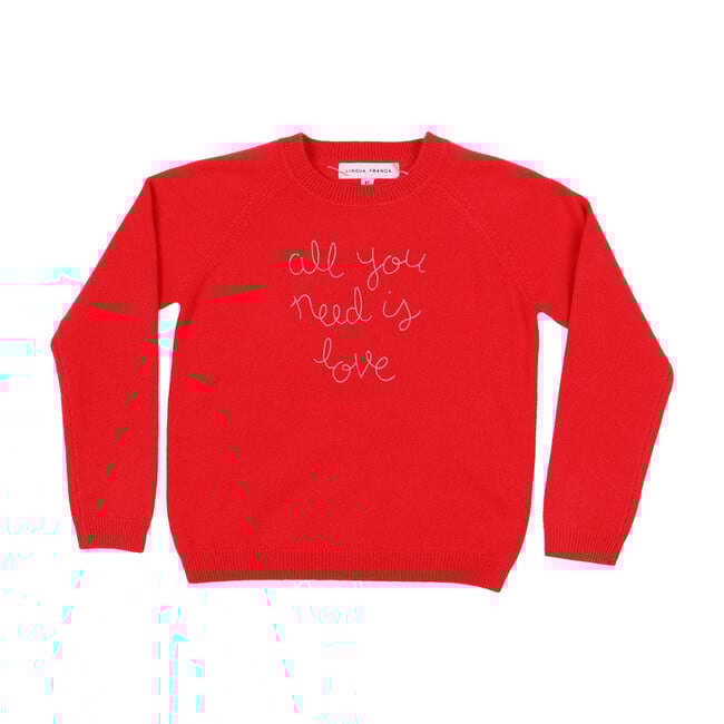 Red Crewneck, Orchid Embroidered "all you need is love"