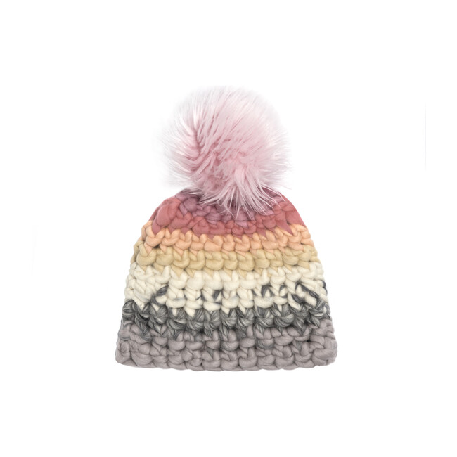 Beanie Stripe Hat, Dusty Rose Faux Pom - Hats - 1