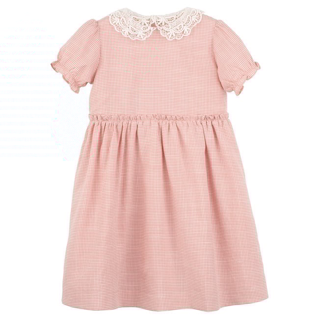 Pearl Lace Collar Dress, Dark Dusty Pink Gingham - Dresses - 1