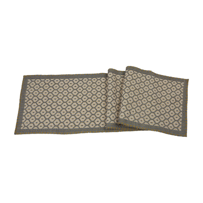 Artisan Hand Loomed Cotton Table Runner, Grey with Yellow Stitching - Tabletop - 1