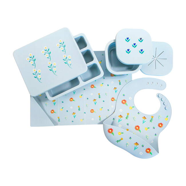 Silicone Mealtime Bundle, Wildflower Chambray Blue - Tabletop - 1