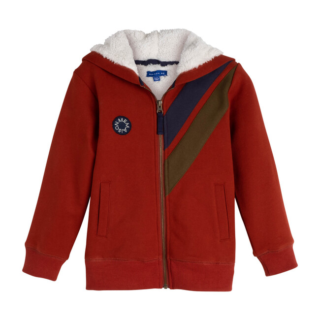 Benji Double Stripe Sherpa Hoodie, Brick - Sweatshirts - 1