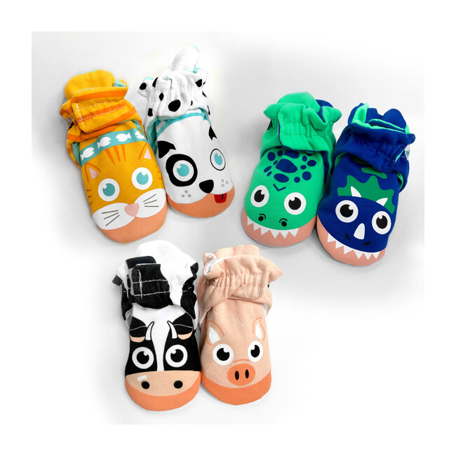 Kitten & Puppy, T-Rex & Triceratops, Calf & Piglet, 3 Pair Mismatched Baby Bootie Bundle