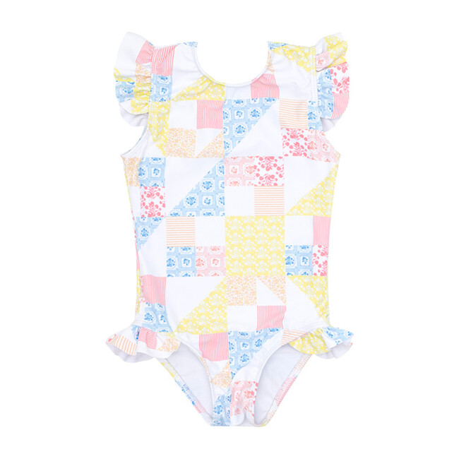 *Exclusive* Girl's Ruffle Sleeve Rashguard One Piece, Patchwork - One Pieces - 1
