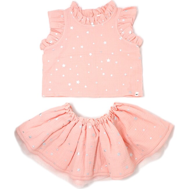 Lola Top and Tutu Skirt Set, Silver Mini Stars Pale Pink - Blouses - 1