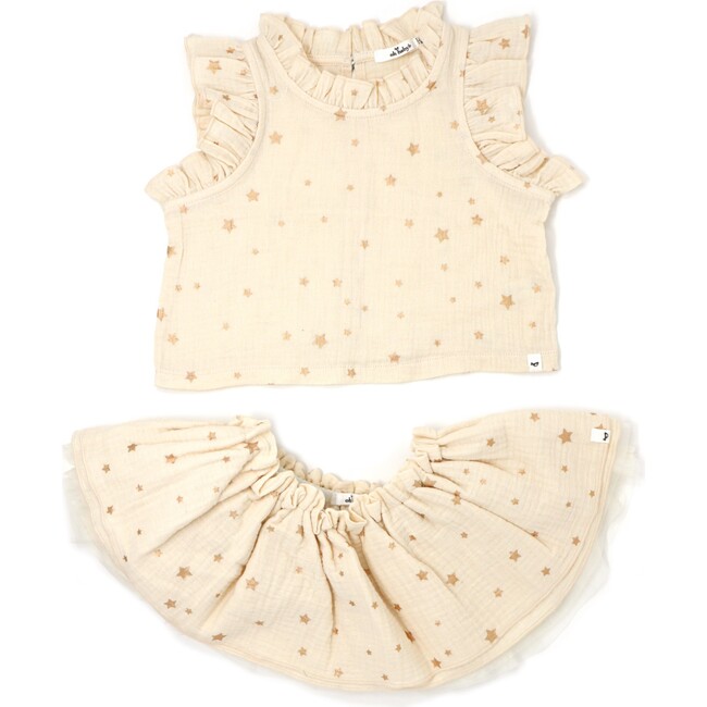 Lola Top and Tutu Skirt Set, Rose Gold Mini Stars Natural - Blouses - 1