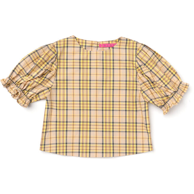 Women's Puff Sleeve Top, Yellow Plaid - Shirts - 1