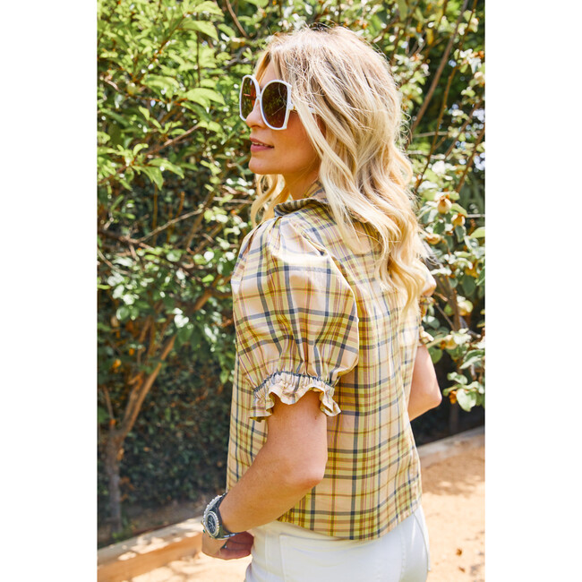 Women's Puff Sleeve Top, Yellow Plaid - Shirts - 4