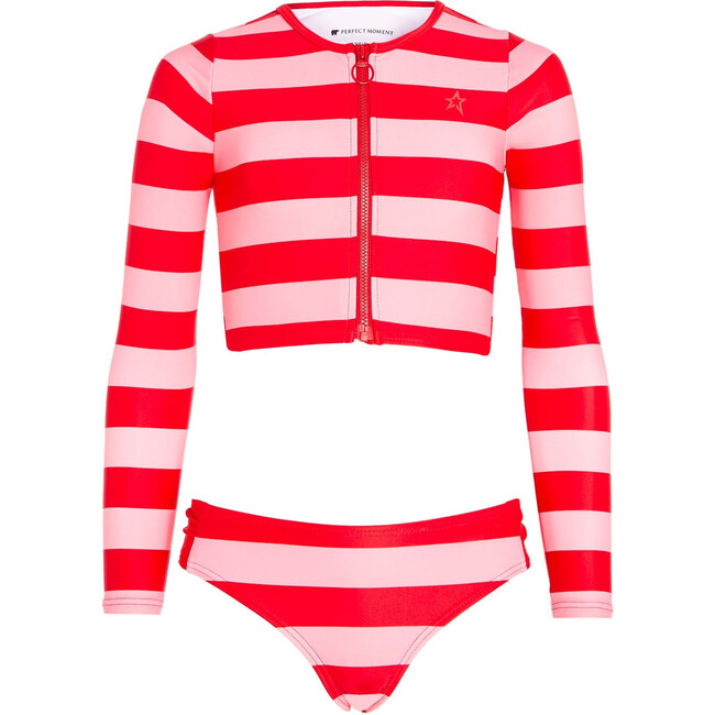 Bikini Stripe Rash Guard, Red/Peach/Pink Stripe - Two Pieces - 1