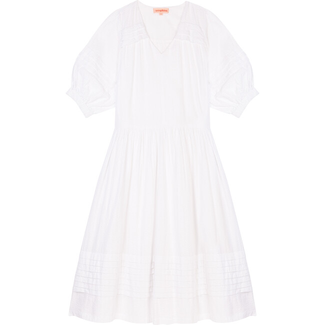 Women's The Midi Pleat Dress, White Cotton Seersucker