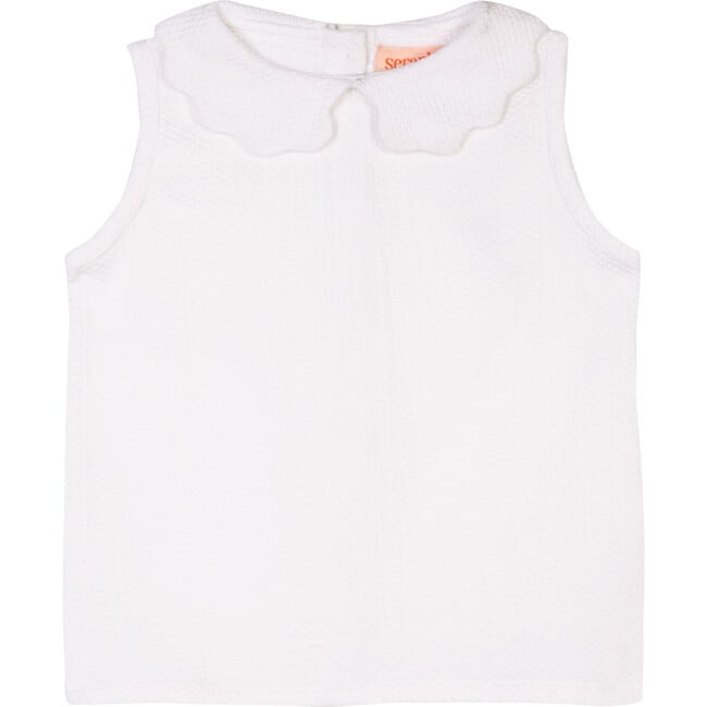 The Little Sleeveless Scallop Blouse, White Cotton Dobby