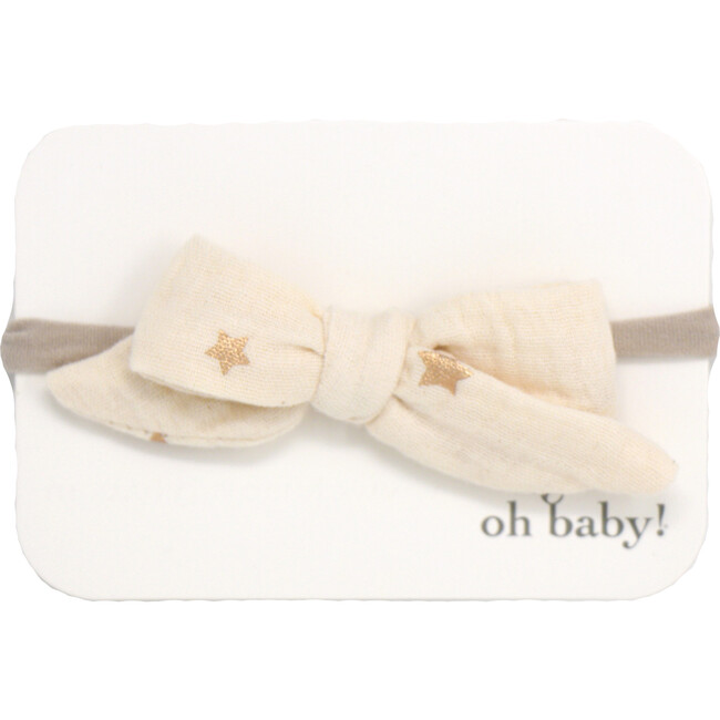 School Girl Gauze Bow on Nylon Headband, Rose Gold Mini Stars Natural