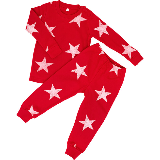 White Star Pajama Set, Red - Pajamas - 1
