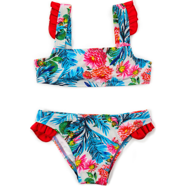 Ruffle Bikini, Blue Hibiscus Red
