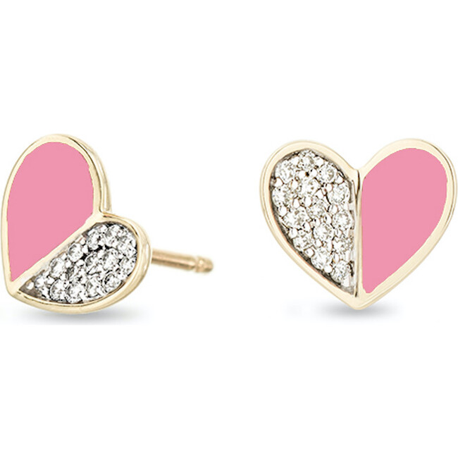 Pink Ceramic Pavé Folded Heart Post Earrings - Earrings - 1