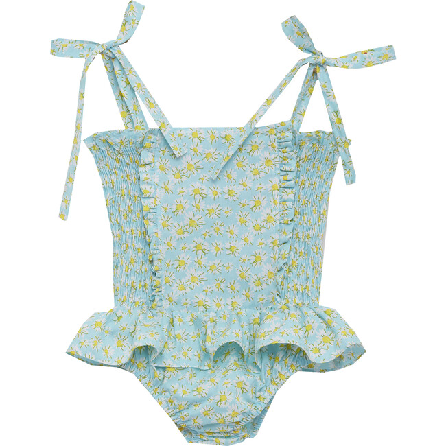 Daisy Ruched Swimsuit, Blue - One Pieces - 1