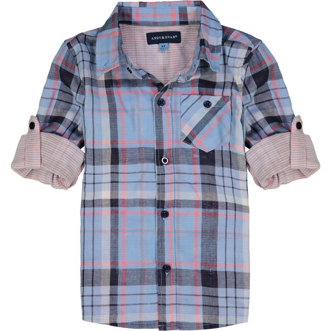 Plaid Button Down Shirt, Light Blue - Shirts - 1