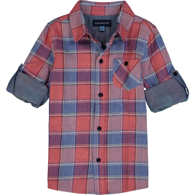 Plaid Button Down Shirt, Red & Blue - Shirts - 1