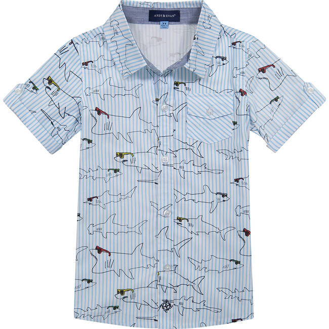 Striped Shark Button Down Shirt, Blue - Shirts - 1