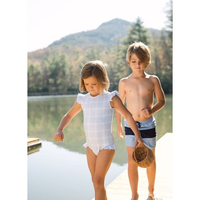 Girl's Sunwashed Plaid Ruffle Sleeve Rashguard One Piece
