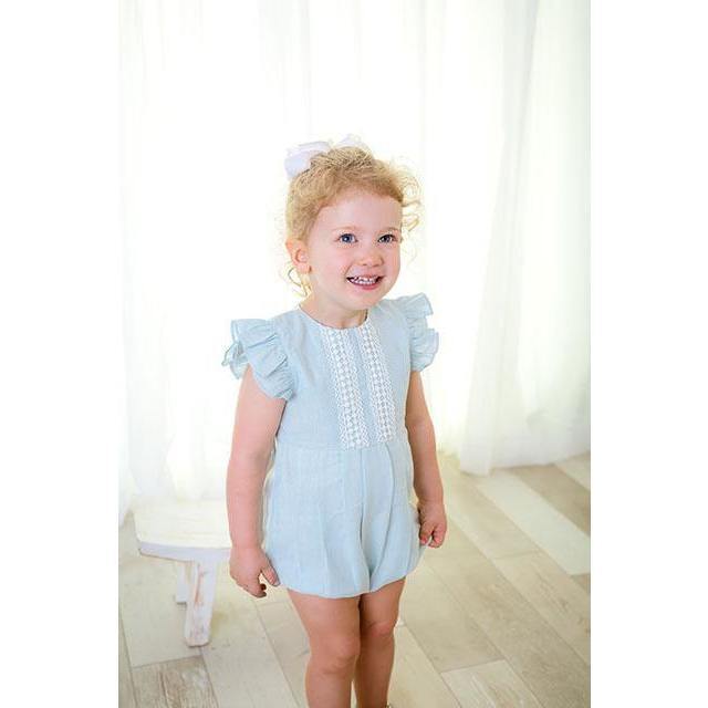 Linen Ruffle Bubble Romper, Light Blue - Rompers - 2