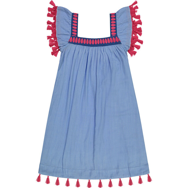 Women's Sandrine Reversible Tassel Dress, Azure Blue & Stripe - Dresses - 1