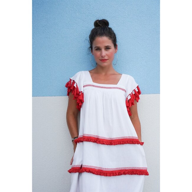 Sandrine Women's Fringed Chacha Dress, White & Red - Dresses - 4
