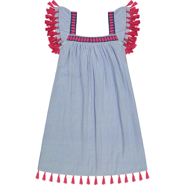 Women's Sandrine Reversible Tassel Dress, Azure Blue & Stripe - Dresses - 2