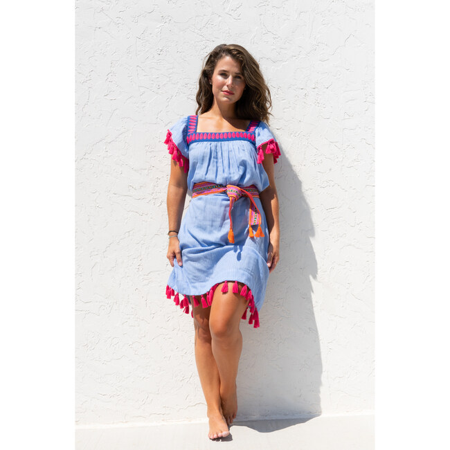 Women's Sandrine Reversible Tassel Dress, Azure Blue & Stripe - Dresses - 3