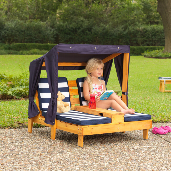 Double Chaise Lounge With Cupholders, Honey/Navy/White - Kids Seating - 2