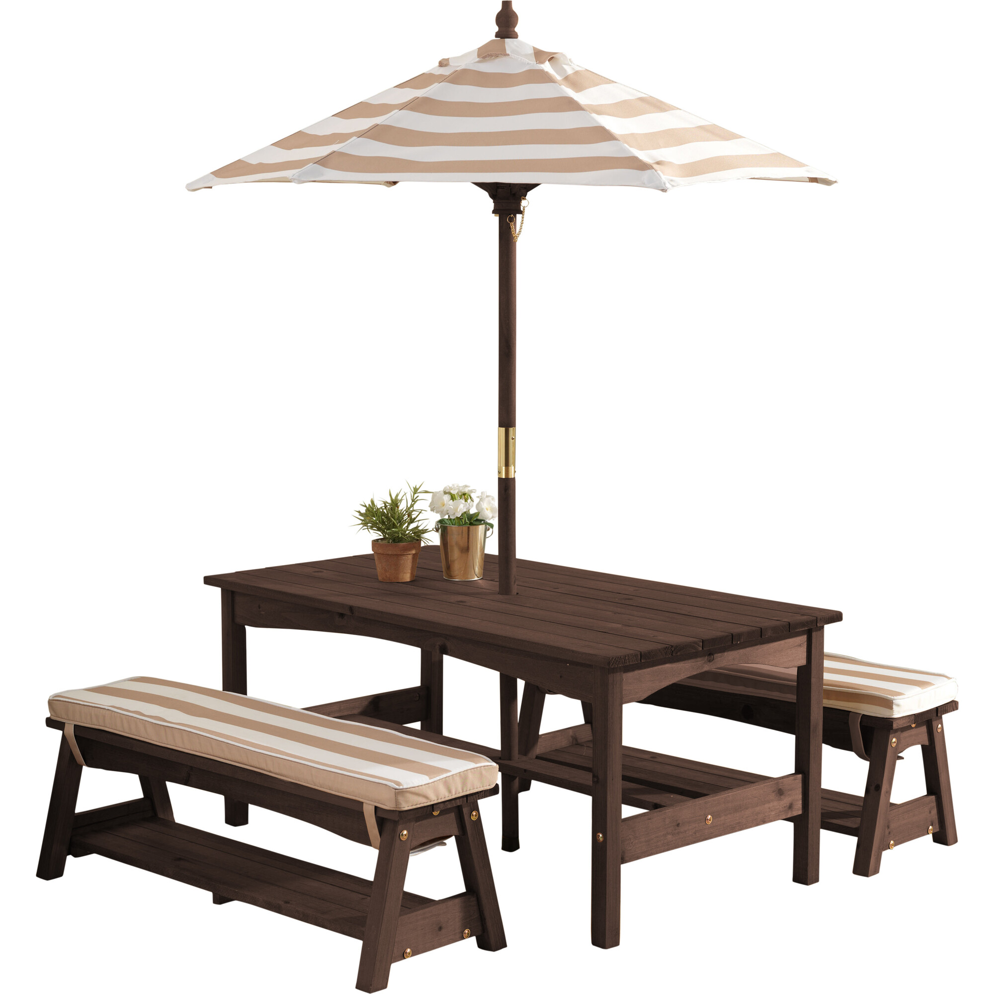 Outdoor Table And Bench Set, Oatmeal/White Stripe - Kids Seating - 1